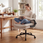 Criss Cross Chair with Flip-Up Arms, Faux Leather Cross Legged Office Chair with Adjustable Height & Rocking Function -Beige - Image 4