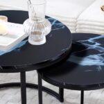 Set 2 Coffee Table Nesting Black top Black Frame Circular Round and Marble Pattern Wooden Tables, Living Room Bedroom Apartment Modern Industrial Simple Nightstand - Image 7