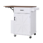 39.3" Farmhouse Kitchen Island with Drop Leaf, Kitchen Storage Island with Open Side Rack, One Drawer, Towel Rack, Rolling Kitchen Cart with Lockable Wheels for Lawn Garden, White - Image 10