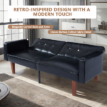 Modern PU Leather Futon Sofa with Tufted Backrest, Adjustable Reclining Couch with Wood & Metal Legs, Mid-Century Style Sofa for Living Room - Image 11