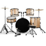 Full Size Adult Drum Set 5-Piece Champagne with Bass Drum, two Tom Drum, Snare Drum, Floor Tom, 16" Ride Cymbal, 14" Hi-hat Cymbals, Stool, Drum Pedal, Sticks - Image 6