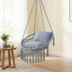 Gray Boho Macrame Hanging Swing Chair with 2 Padded Cushions, 330LBS Capacity Hammock Chair for Indoor Outdoor Bedroom Patio Balcony - Image 4