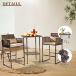 Outdoor 3 Piece Patio Bar Set, Bar Height Bistro Table Set for 2 People, High Top Wicker Bar Stools and Table Outdoor Bar Set with Cushions and Pillows, Brown Gradient Rattan & Beige Cushion - Image 14