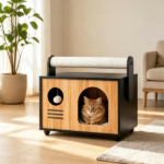 Wooden Cat Cave House with Dual-Use Sisal Scratching Post Handle, Engineered Wood Indoor Cat Condo with Hanging Bell Ball Removable Washable Cushion Anti-Scratch Foot Pads for Small Medium Cats Natural Black - Image 7