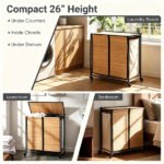 Compact Rolling Bamboo Laundry Hamper with Lid, 2 Sorting Compartments Removable Oxford Liner Bags 360° Lockable Wheels Metal Frame Under Counter Clothes Sorter - Natural Black - Image 9