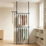 Floor to Ceiling Tension Clothes Rack No Drill Heavy Duty Carbon Steel Garment Organizer, Adjustable Width & Height Closet System with 2 Vertical Rods Drying Rack Reacher Pole for Rental Apartment Black - Image 6