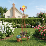 6.2ft Red 4-Blade Iron Windmill with 4-Leg Stand and Storage Shelf - Image 8