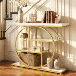 41 Inch Console Table with 3 Tier Open Shelves, Modern Entryway Sofa Table with O-Shaped Metal Frame for Living Room Hallway - White - Image 2