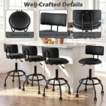 Adjustable Height Swivel Bar Stool with Wheels, 360° Rolling PU Leather Counter Bar Chair with Backrest Footrest, Height 26"-30.5" Metal Frame Dining Stool for Kitchen Island Home Bar Black - Image 4