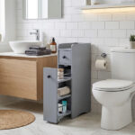 Gray particleboard with melamine veneer, 18*40*70cm, two-drawer, one-panel low cabinet with wheels and movable pull-out shelf, bathroom vanity - Image 8