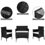2pcs Arm Chairs 1pc Love Seat & Tempered Glass Coffee Table Rattan Sofa Set Black - Image 43