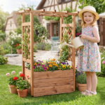 Natural Pine Wood Raised Garden Bed with Trellis & Hanging Roof, Elevated Wooden Planter Box with Drainage- Orange - Image 12
