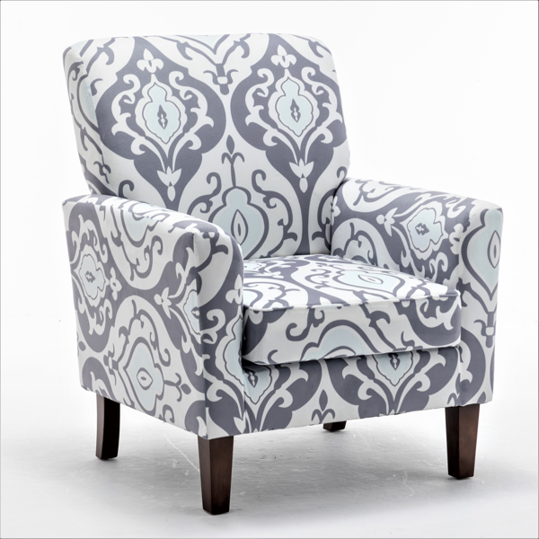 Patterned Polyester Blend Armchair, Solid Birch Wood Frame with Brown Tapered Legs, Foam Padded Accent Chair with Trim Detail for Living Room Office