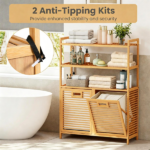 Natural Bamboo Tilt Out Laundry Hamper Cabinet with 2 Removable 7 Gallon Fabric Baskets, Open Storage Shelves Ventilated Slatted Design Anti-Tip Laundry Sorter for Bathroom Bedroom Laundry Room - Image 9