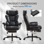 Office Chair with Foot Rest and Waist Lumber Support, Ergonomic Gaming Chair with Adjustable Height Headrest, High-Back Leather Reclining Chair for Home, Black - Image 3