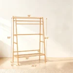 Natural Bamboo Clothing Rack, Multi-Layer Garment Organizer with Top & Bottom Storage Shelves, Side Hooks Hanging Rod, Stable A-Shape Structure Anti-Toppling Device 88LBS Capacity Freestanding Storage Rack for Bedroom Entryway - Image 3