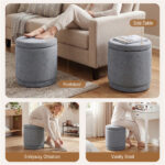 7.7 Gallon Round Storage Ottoman Foot Rest with Acacia Wood Frame, 400LBS Load Capacity Footstool- Gray - Image 6