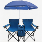 Portable Double Folding Beach Chair Set with Umbrella, 2-Person Outdoor Camping Chair with Cup Holders, Foldable Patio Chair for Picnic, Backyard, Travel, Blue - Image 4