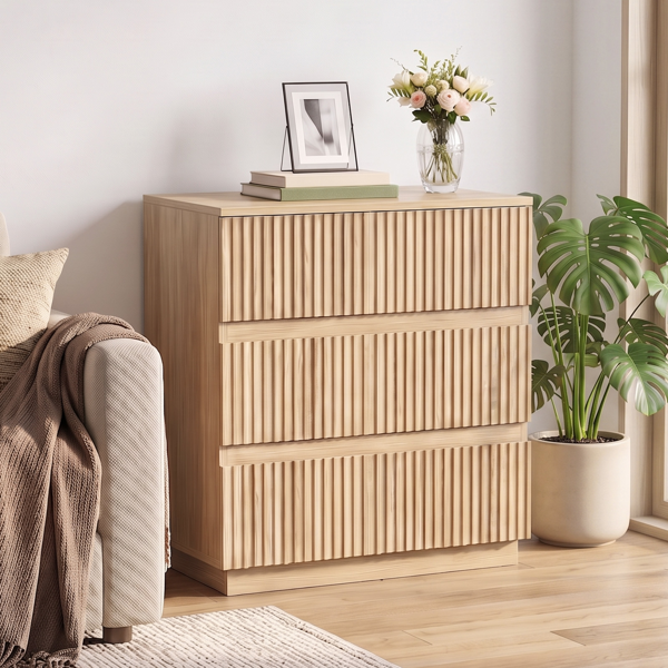edc070d1-a956-4e06-a71b-689e552b5674-1.png Handleless Grille-Finished 3-Drawer Bedside Table P2 Particleboard + MDF & Melamine Veneer + Thermoformed Drawer Cabinet 23.62*12.99*22.05in Oak - Image 1