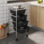4 Drawers Metal Frame Storage Cart Rolling Bin Trolley, Black - Image 6