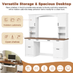 Farmhouse Arched Computer Desk with Hutch, Mid-Century Walnut Home Office Workstation with Charging Station & Keyboard Tray, All-in-One Writing Desk with File Drawer for Study, Office, White - Image 10