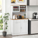 68-Inch Tilting Trash Cabinet with Hidden Trash Can & Multi-Storage Compartments, White & Natural Wood - Image 5