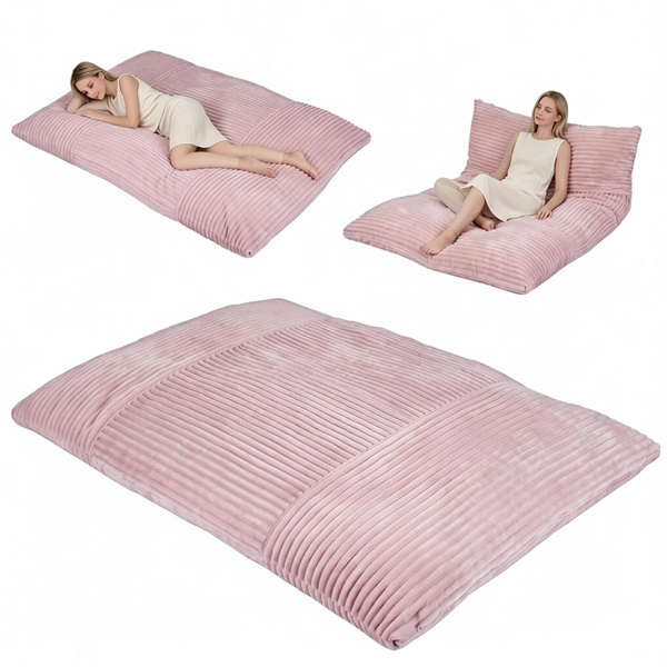 Pink Convertible Corduroy Bean Bag Floor Sofa for Adults, 76.5x55 Inch Sponge Filling Foldable Floor Mattress Guest Bed, Removable Washable Cover Large Lazy Lounger