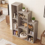Cat Bookshelf Cabinet (Gray Oak), 8 Organized Storage Sections & Multiple Climbing Platforms - Image 2