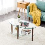 Transparent Oval glass coffee table, modern table in living room Oak wood leg tea table 3-layer glass table - Image 2