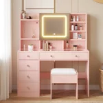 LED Tri-Color Lighting Dressing Table Set Particleboard with Textured Melamine Finish Dressing Table with Power Strip 5-Drawer Dressing Table with Shelves and Hooks 47.24*15.75*53.54in Apple Pink