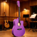 Purple 41-inch Dreadnought barrel-shaped cutaway acoustic guitar with pick, strings, capo, gig bag, tuner, wrench tool, and shoulder strap - Image 11