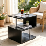 20" Modern S-Shaped End Table with Storage Shelf & Steel Poles – Sleek Black Accent Side Table for Living Room