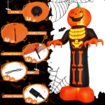 12ft Inflatable Halloween Decor with Skeleton Ribs, Pumpkin & Grim Reaper, 3 LED Lights + 115 Count String Lights, Black & Orange, 12V 2000mA US Power Adapter - Image 8