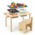 6-in-1 Kids Adjustable Height Sensory Activity Table with Chair, Natural Pine Wood Water Sand Play Table Building Block Art Craft Center for Toddlers 3+ Years Old - Image 3