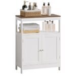 Modern Storage Cabinet with Double Doors, Free-Standing Bathroom Cabinet with Adjustable Shelf and Natural Wood Top, Multi-Purpose Organizer for Kitchen, Living Room, Bathroom or Entryway – White - Image 14