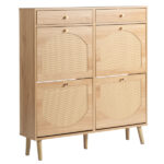 Rattan-front shoe cabinet with 2 drawers and 4 flip-down compartments, made of particleboard, 105*24*110cm, natural wood color - Image 2