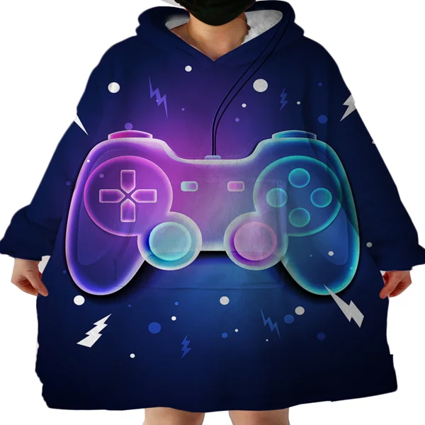 Gaming Wearable Blanket Modern Sweatshirt for Boys, Colorful Gamepad Blanket Hoodie with Sherpa