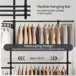 No Drill Floor to Ceiling Tension Clothes Rack, Heavy Duty Carbon Steel Garment Organizer with 4 Vertical Rods 6 Telescopic Hanging Bars, I/L/45° Corner Install Closet System with Drying Rack & Reacher Pole Black - Image 8