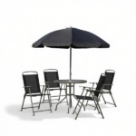 Black & Coffee 6-Piece Patio Dining Set for 4 – Complete with Umbrella, Round Glass Table & 4 Folding Chairs - Image 2