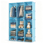 3-Cube Blue Modular Kids Closet, PP & Metal Storage Organizer with Hanging Rods, Tool-Free Assembly Baby Wardrobe for Clothes Toys Books