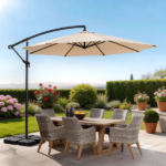 10FT Round Offset Patio Umbrella, Banana Hanging Cantilever Umbrella with 60° Adjustable Angle, Crank System, Cross Base & Pole Sleeve, UPF 50+ Waterproof Polyester Canopy, 6 Iron Ribs for Garden Deck Backyard, Khaki - Image 25