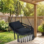 Black Boho Macrame Hanging Swing Chair with 2 Padded Cushions, 330LBS Capacity Hammock Chair for Indoor Outdoor Bedroom Patio Balcony - Image 3