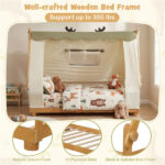 Twin Size Montessori House Floor Bed with Removable Canopy Tent, Solid Wood Kids Bed with Guardrails - Natural - Image 7