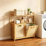 32 Inch Double Compartment Bamboo Laundry Organizer Freestanding Cabinet, Raised Guardrail Top Shelf Rounded Corner Dirty Clothes Bin Separate Light Dark Clothes Storage Natural Finish - Image 5