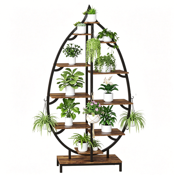 ef8b6e02-9dc0-45cf-a2ef-9cc0093a8c9d.png Leaf Shaped Plant Stand with 5-Head Full Spectrum LED Grow Light, Multi-Tier Metal Wood Display Shelf with Hanging Hooks & Anti-Tip Kit, Indoor Flower Pot Holder for Houseplants, 62.9"L x 33"W x 10.2"D Inches, Black Metal Frame & Rustic Wood Grain Board - Image 1