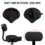 Drum Throne with Backrest, Hydraulic Drum Stool Adjustable Height, Heavy Duty Hydraulic Drum Seat Saddle Design for Drummers Black - Image 3