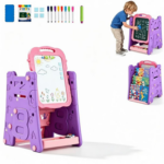 Green 3-in-1 Kids Double Sided Art Easel, Magnetic Whiteboard & Chalkboard Standing Drawing Board with Adjustable Height Angle, Storage Tray Book Rack Complete Painting Accessories PP Play Easel Gift - Image 11