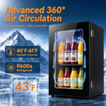 0.6 Cu.Ft Mini Beverage Refrigerator with Digital Touch Control 40°F-61°F Adjustable Thermostat, 360° Air Circulation Silent Compressor Cooler Blue LED Light Tempered Glass Door Holds 24 Cans Black - Image 8