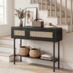 Black Rattan Console Table with Storage Cabinets & Open Shelf, 40 Inch Entryway Table with Sturdy Carbon Steel Frame for Living Room, Hallway, Sofa Table - Image 5