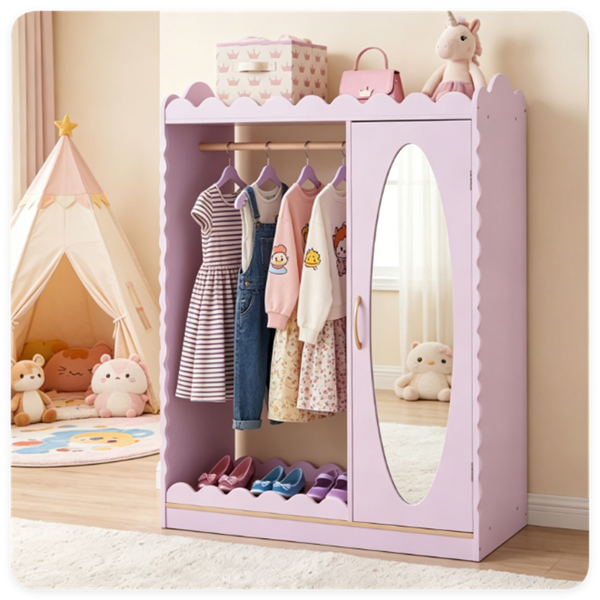 eff4028c-11cd-42b6-b732-bdc2968f202d.png Kids Dress Up Closet with Full-Length Acrylic Mirror, 42" Child-Sized Garment Rack with Cabinet & Storage Shelves for 3+ Toddlers Bedroom Playroom - Image 1